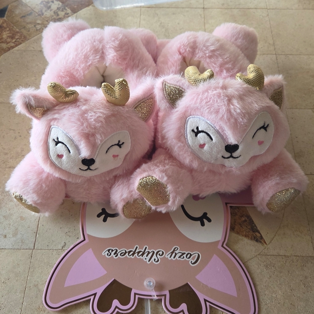 Pink Plush Deer Stuffed Animal Slippers - Gold Accent Cute Plush